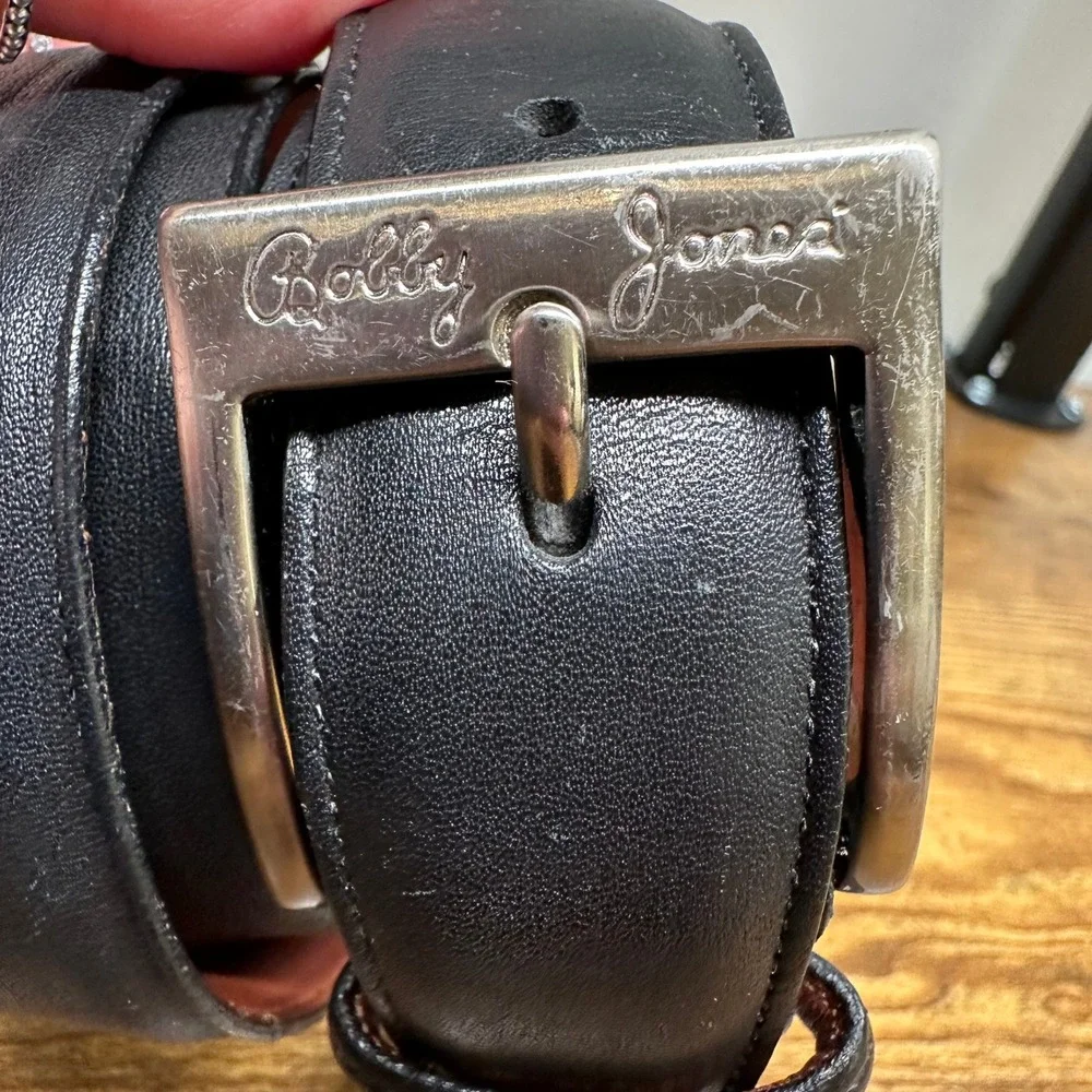 Bobby Jones Mens Black Leather Belt Silver Tone Solid Brass Buckle Size 36‎ 90